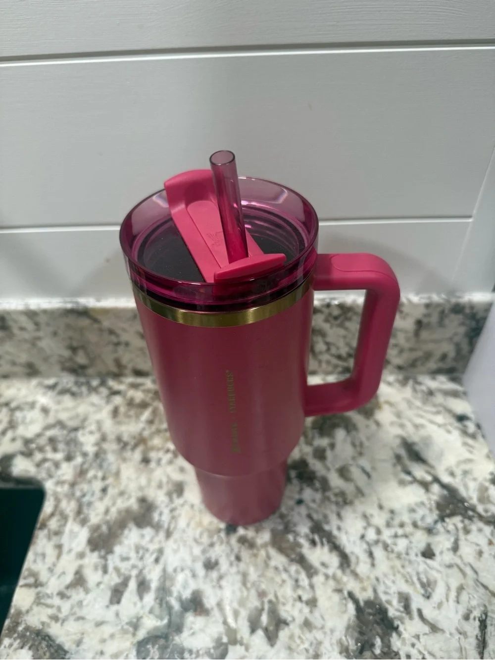 Stanley Pink Travel Mug with Handle and Gold Accents - Picture 4 of 4